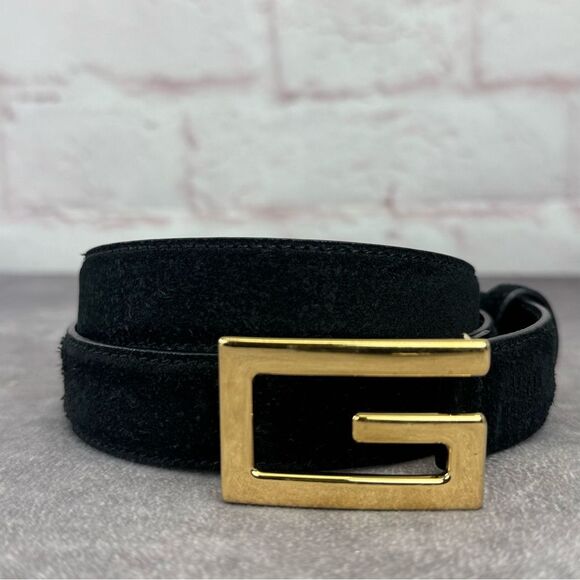 Gucci Square G Black Suede Belt Gold Buckle 523305 85/34” - Picture 1 of 9